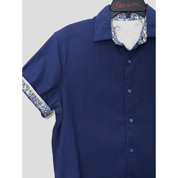 ROBERT GRAHAM NAVY BLUE CRINKLED TEXTURE S/S STRETCH SHIRT ROLL CUFF SZ S